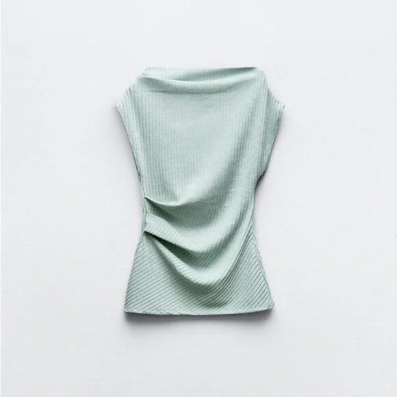 ZARA GREEN ASYMMETRIC RIBBED TOP - Picture 1 of 10